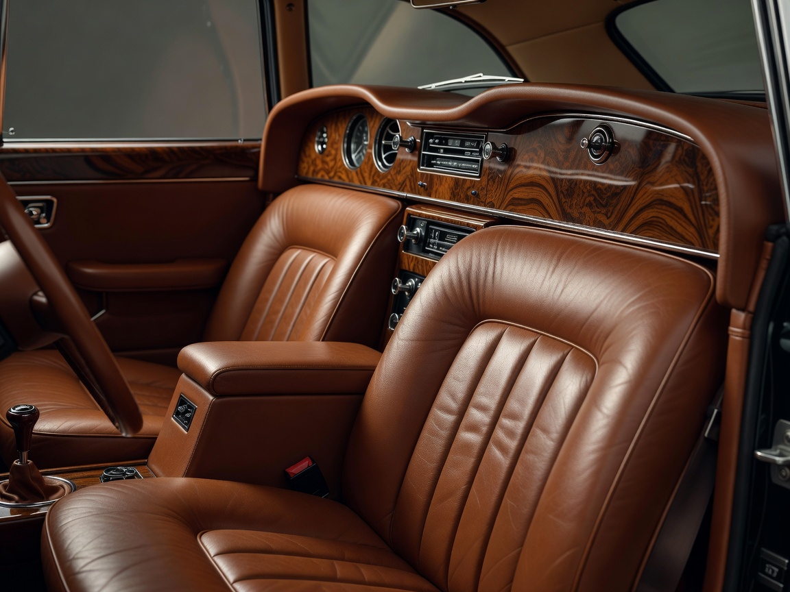 Classic motorcar cockpit showing conditioned natural leather seats and polished dashboard woodwork