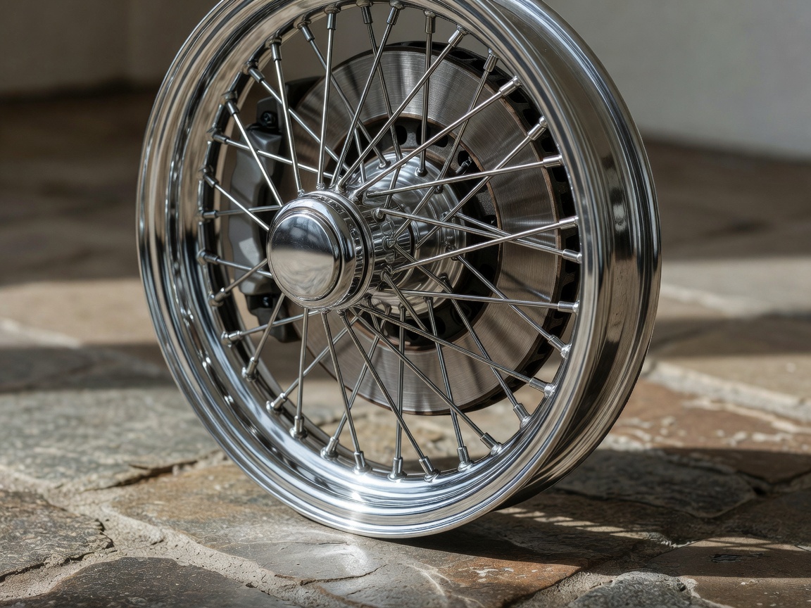 Close-up detail of a classic wire wheel and disc brake assembly resting clean and dry on stone flooring