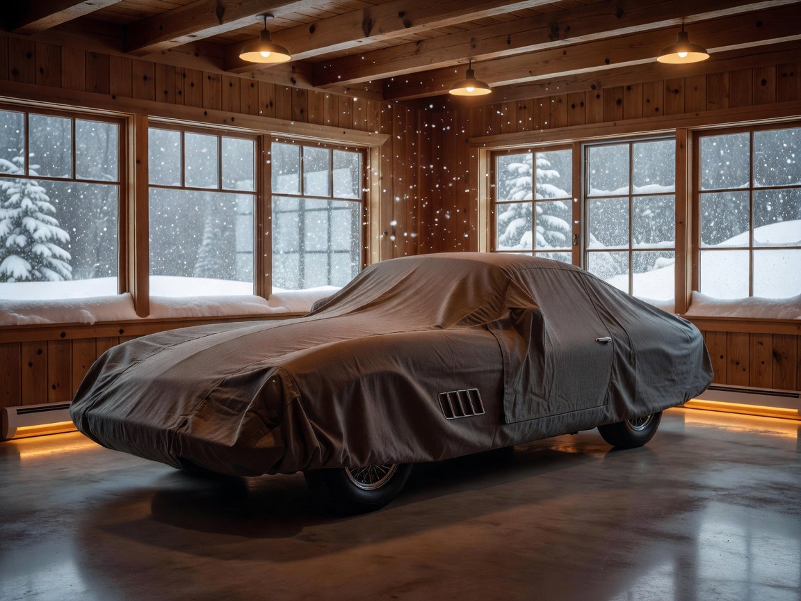 Covered vintage grand tourer resting in a heated timber-accented garage while snow falls outside