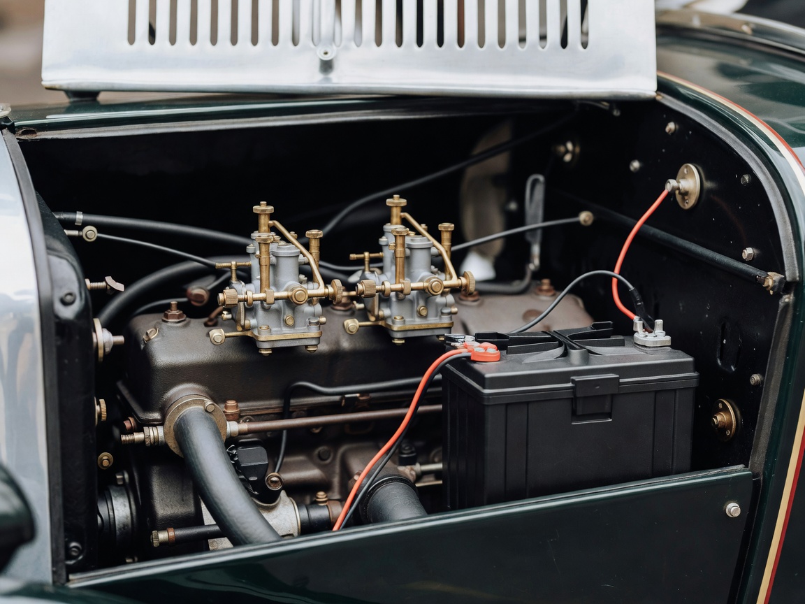 Delicate engine bay carburetors and battery tender leads on a historic roadster