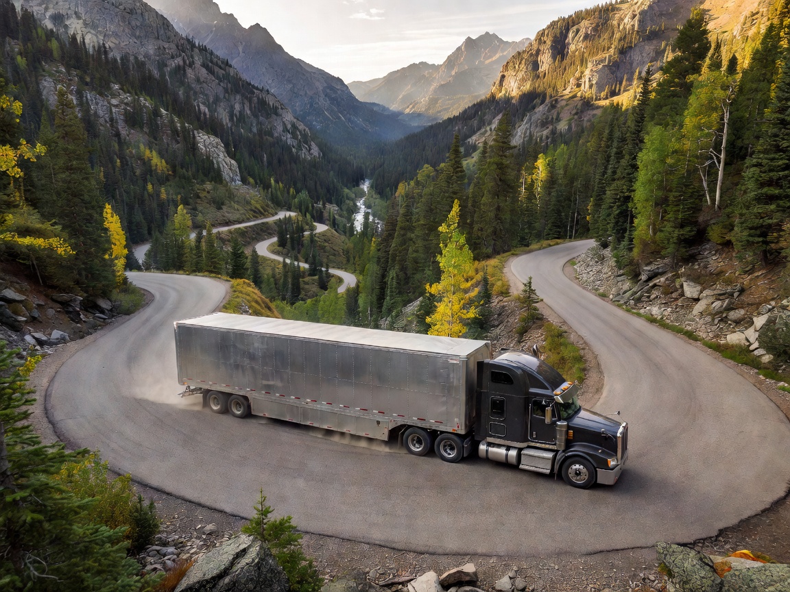 Enclosed vehicle hauler navigating a scenic mountain pass pass road