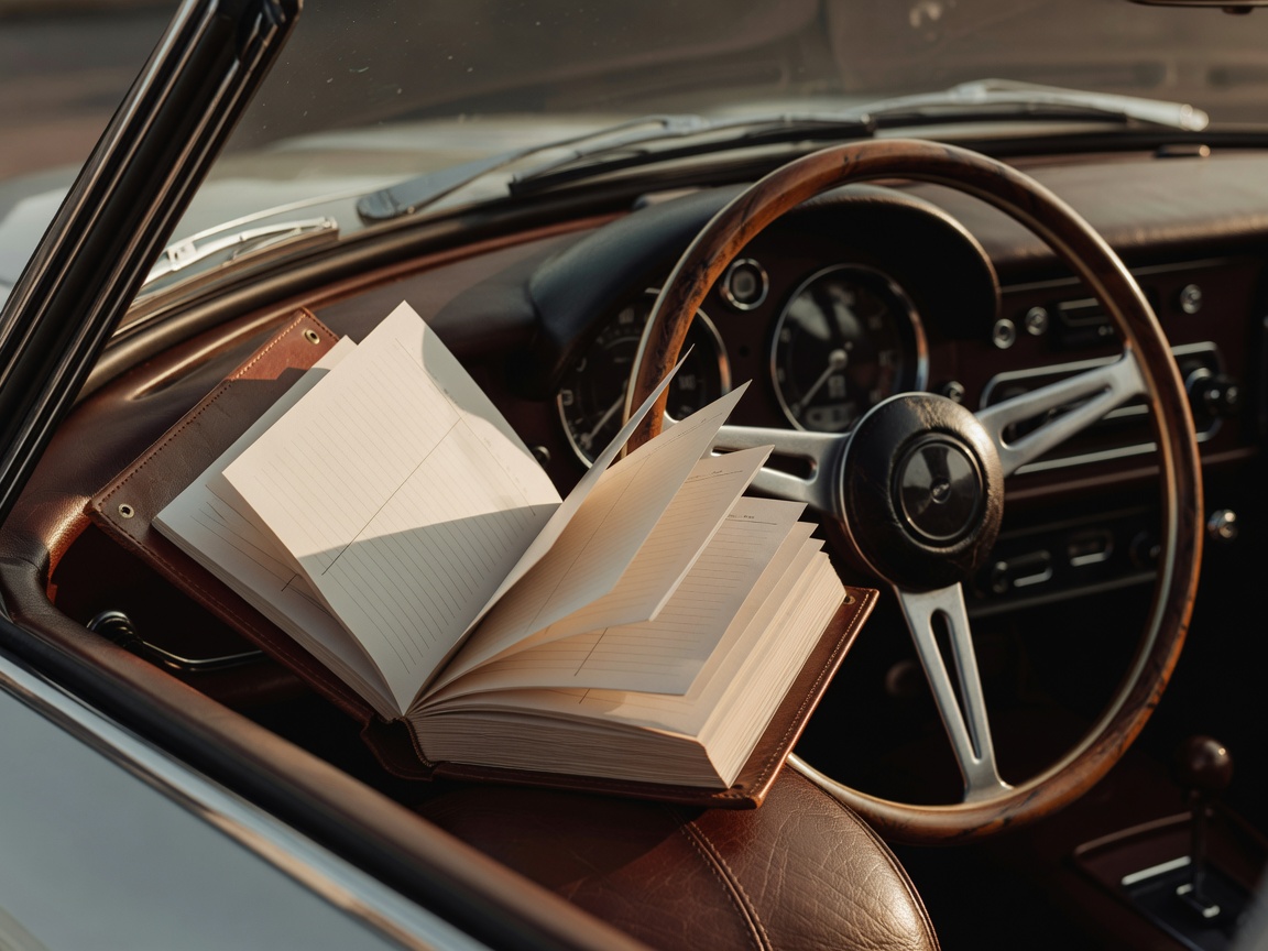 Leather bound vehicle history file and logbook opened beside a classic sports car steering wheel