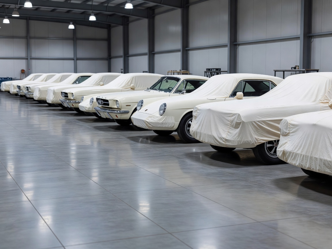 Row of classic vehicles parked systematically with breathable covers and clean workshop floors