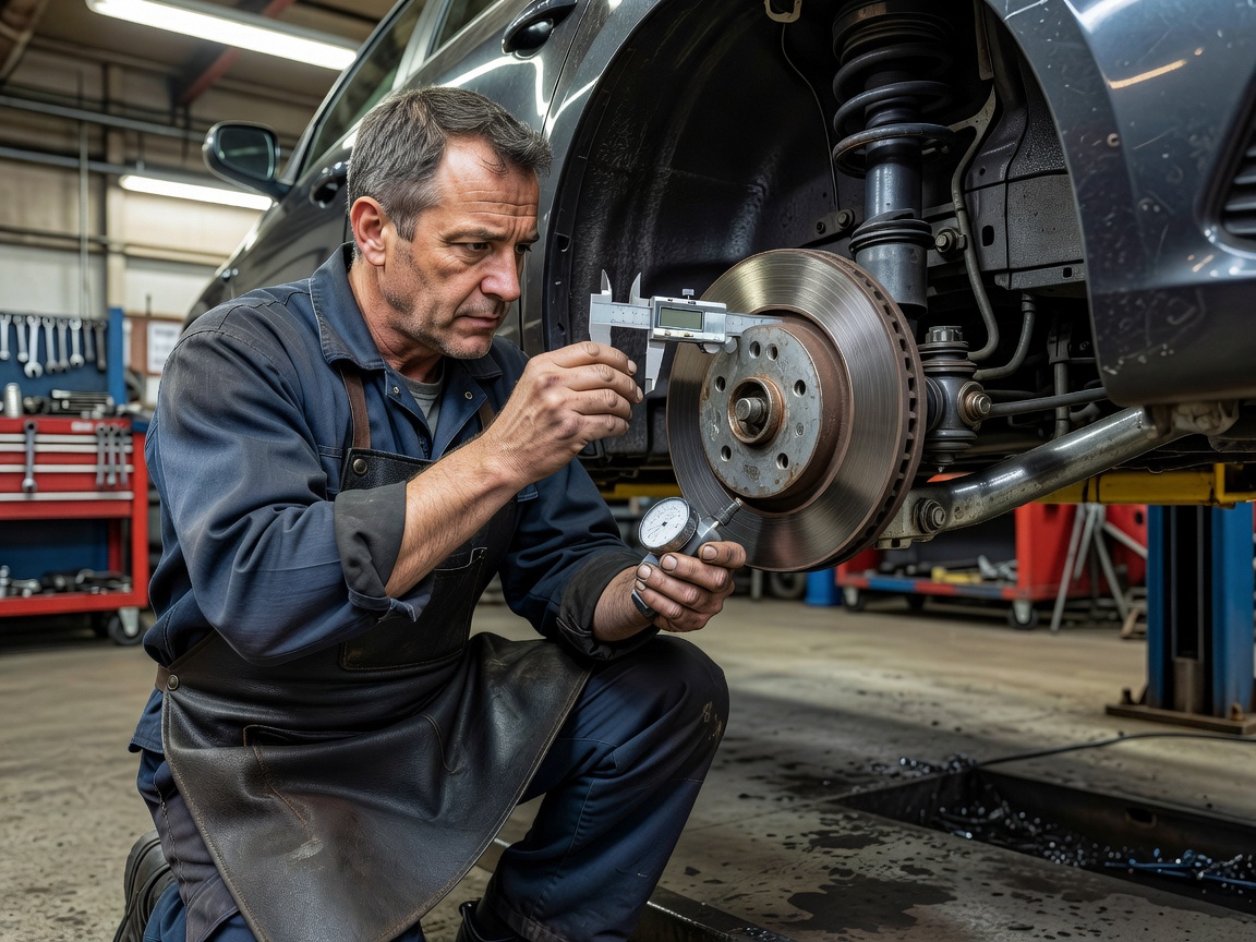 Specialist technician inspecting brake discs and suspension joints with precision measuring tools