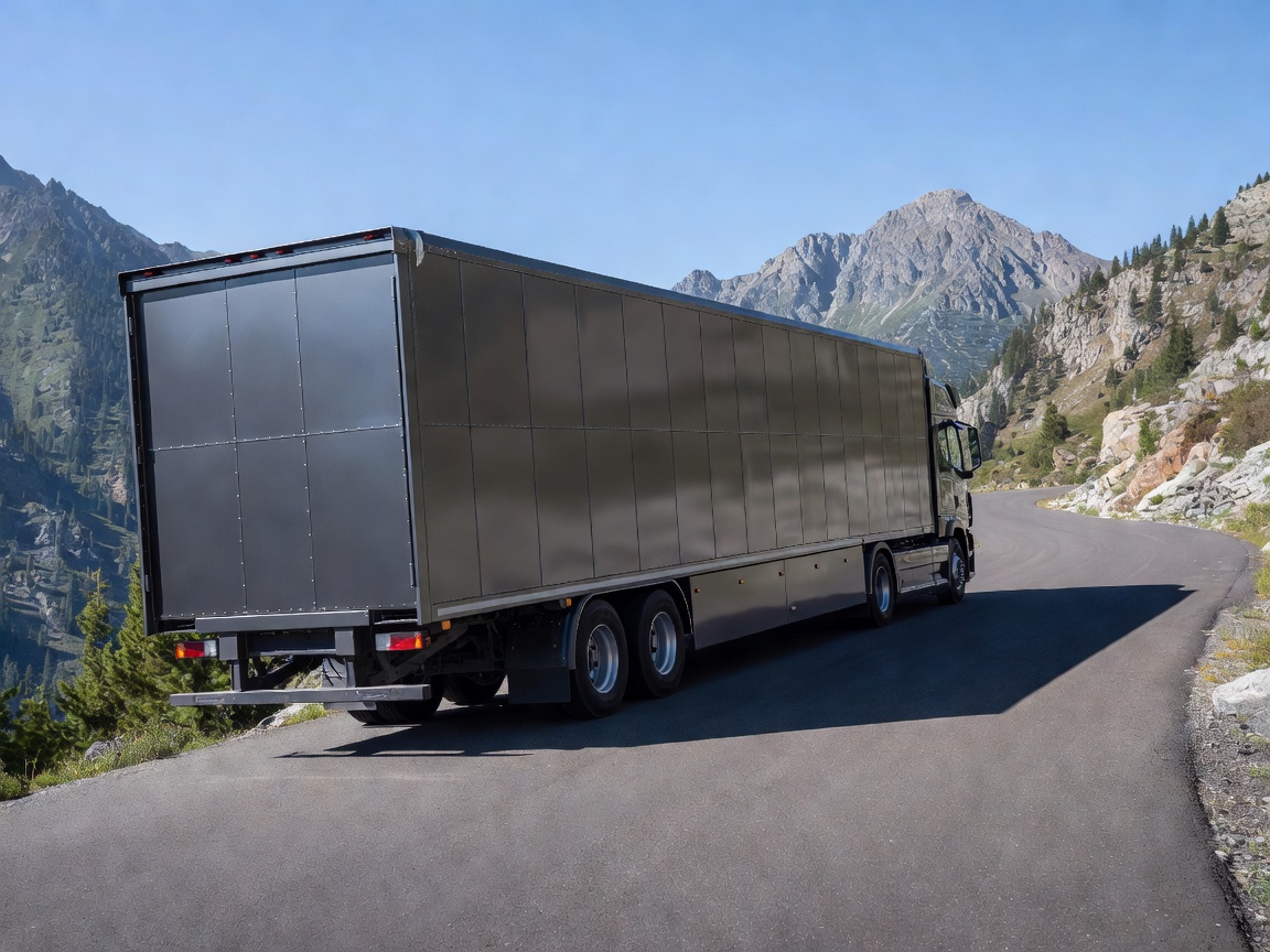 Specialized low-angle enclosed vehicle transporter on a clean mountain access road