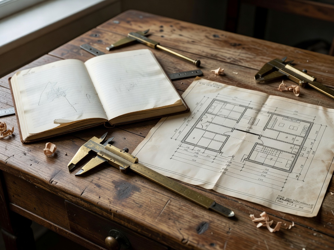 Technical notebook, brass calipers and storage plan schematic on a wooden desk