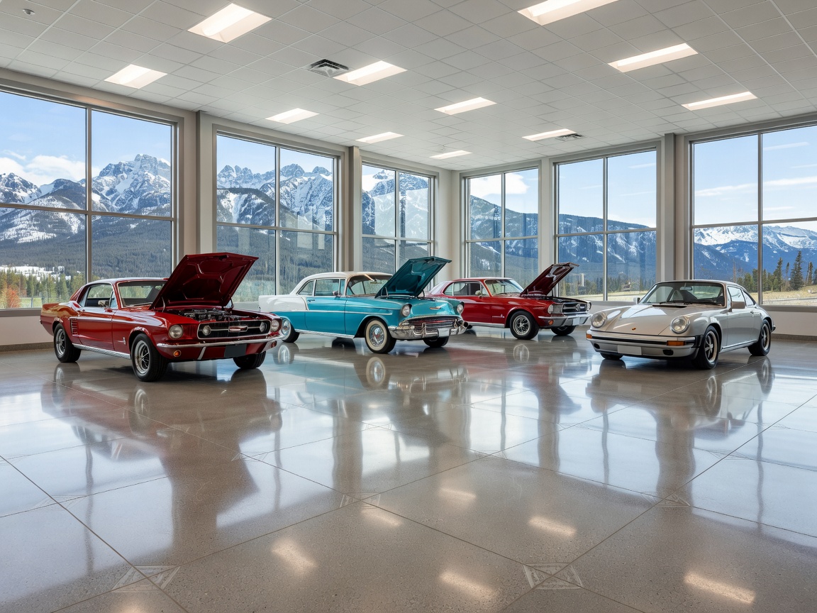 Well-lit collector car bay with precision flooring and mountain landscape visible through structural windows